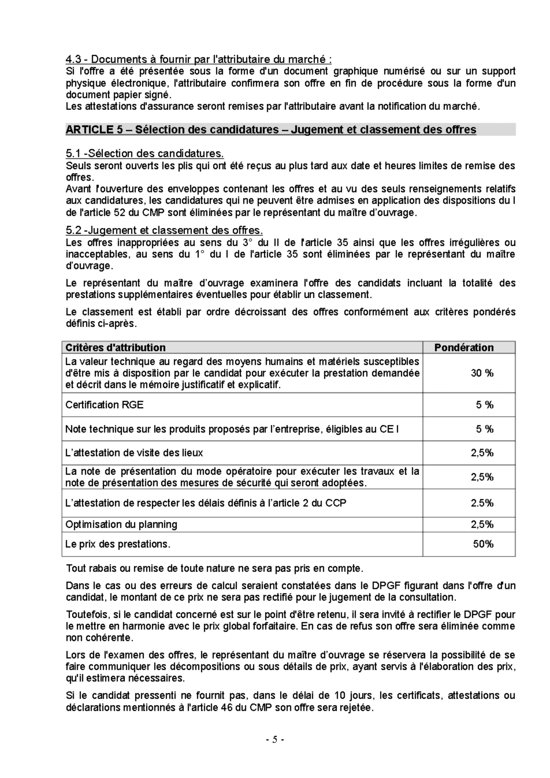 La page d’un règlement de consultation portant l’article qui fixe le jugement et le classement des offres.